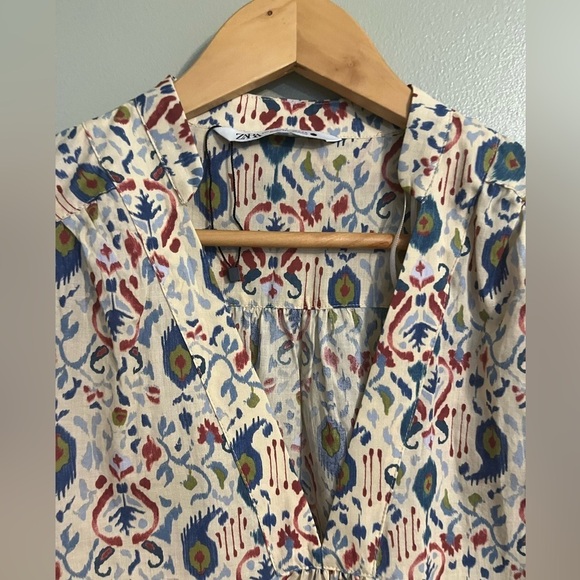 Zara Womens Lightweight Boho Multicolor Bell Sleeve V neck Blouse Sz S - Picture 5 of 9